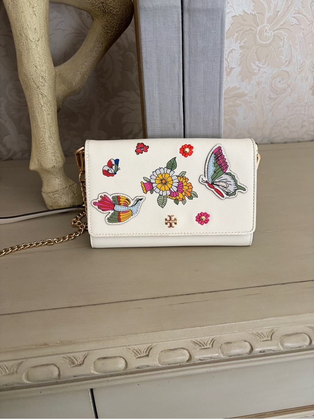 Tory Burch White Floral & Butterfly Chain Purse Bag Bird